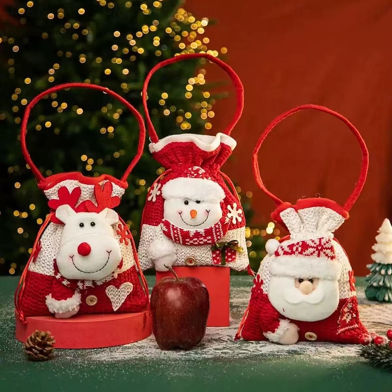 3pcs Christmas Gift Doll Bags – Holiday Knit Gift Bags Featuring Santa, Snowman, Reindeer & Bear, Perfect for Christmas Presents & Festive Gift Giving
