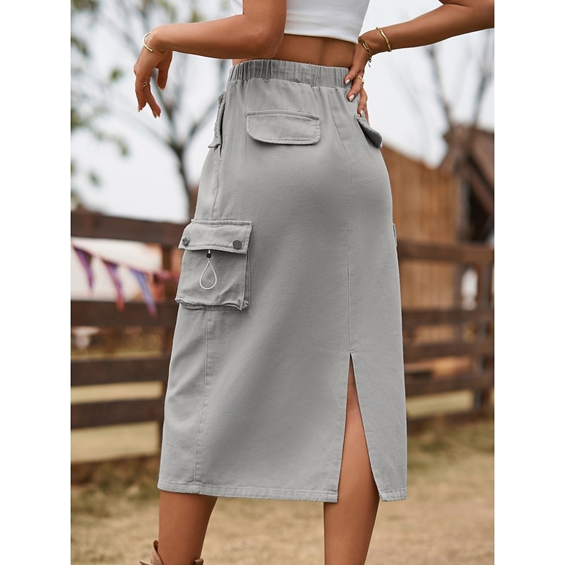 Women's Skirt A Line Bodycon Fashion Casual Midi High Waist Skirts Plain Drawstring Pocket Micro-elastic Street Daily Black Green Khaki Gray Summer Denim3