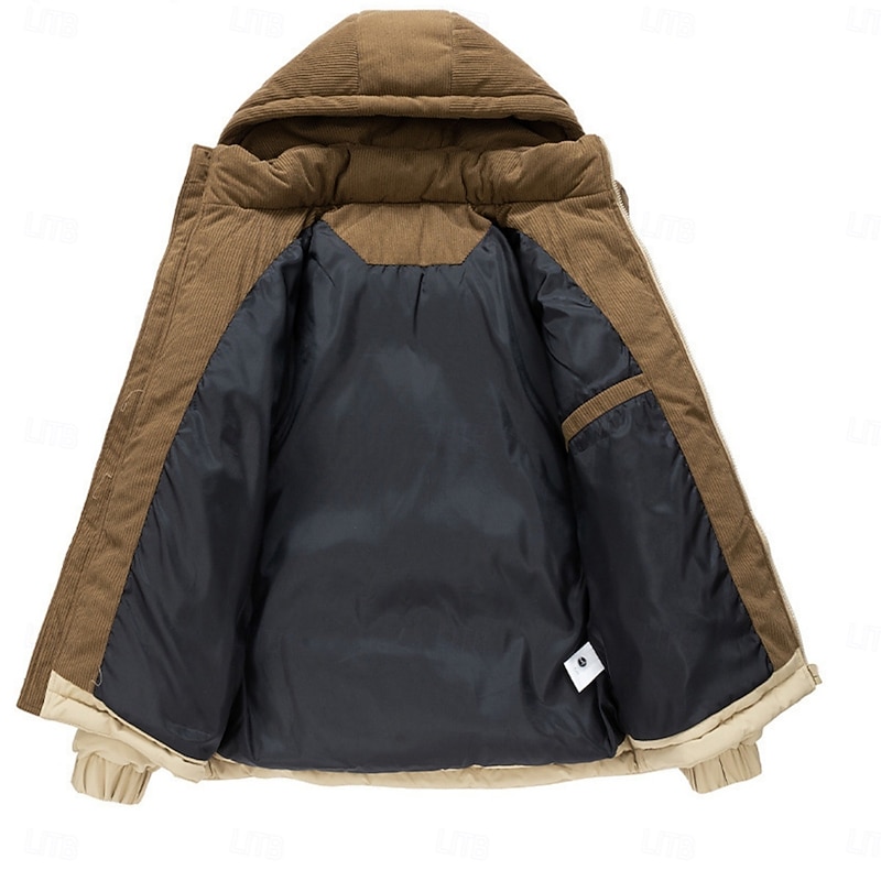 Men's Corduroy Puffer Jacket Padded Pocket Full Zip Hooded Christmas Outdoor Street Regular Neutral Fashion Daily Winter Solid Color Color Block Black Green Khaki Puffer Jacket4