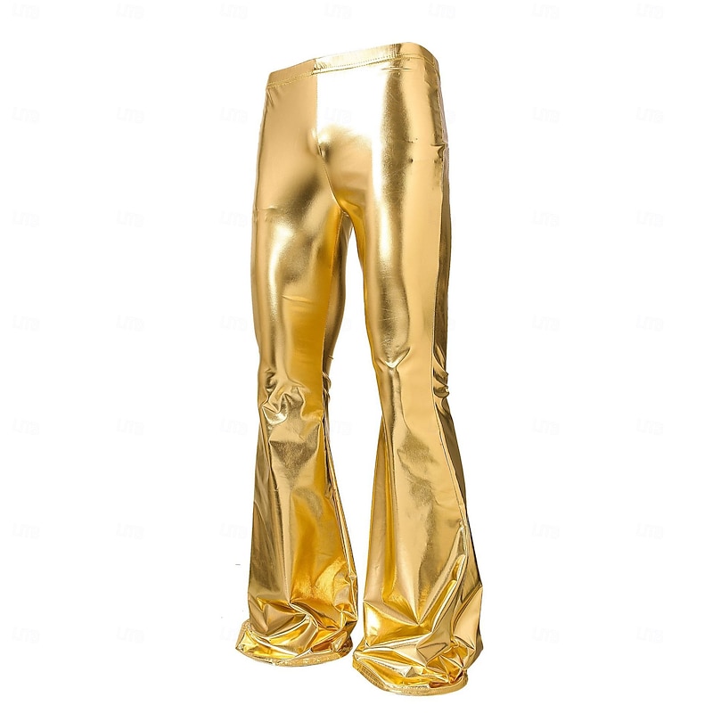 Men's Trousers Dress Pants Bell Bottom Flared Pants Faux Leather Pants Pocket Plain Comfort Full Length Party Stage Going out Fashion Streetwear Gold Stretchy3