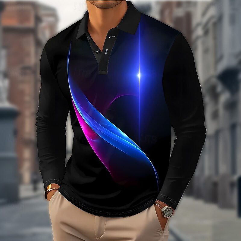 Men's Geometric Abstract Polo Long Sleeve Polo Shirts Lapel Casual Outdoor Street Athleisure Daily Wear 3D Print Buttons Spring Fall Winter Lake blue Yellow Blue3