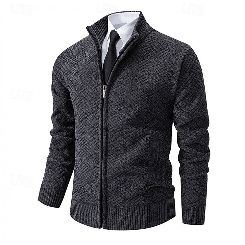Men's Sweater Cardigan Sweater Zip Sweater Ribbed Knit Regular Tops Knitted Plain High Neck Vacation Fashion Business Casual Clothing Apparel Spring &  Fall Black Navy Blue M L XL2
