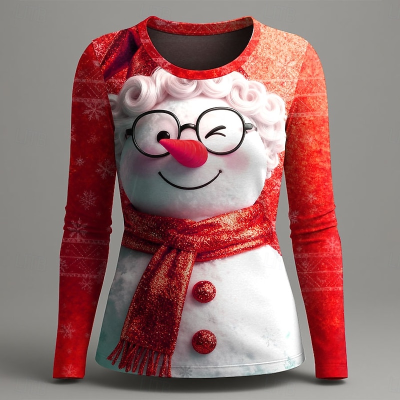 Christmas Women's T Shirt Graphic Snowman Vintage Fashion Stylish Long Sleeve Crew Neck Regular Tops Daily Weekend Print Red Blue Purple Gold Green Summer Spring Fall Winter4