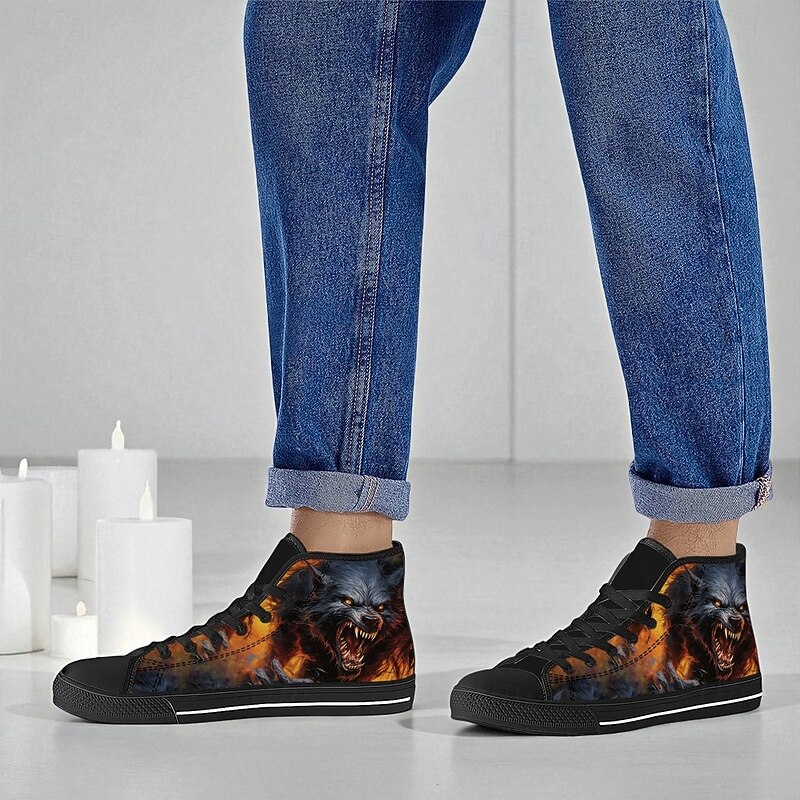 Men's High Top Canvas Sneakers with Scary Werewolf Graphic, Casual Wear Shoes for Streetwear and Halloween Party4