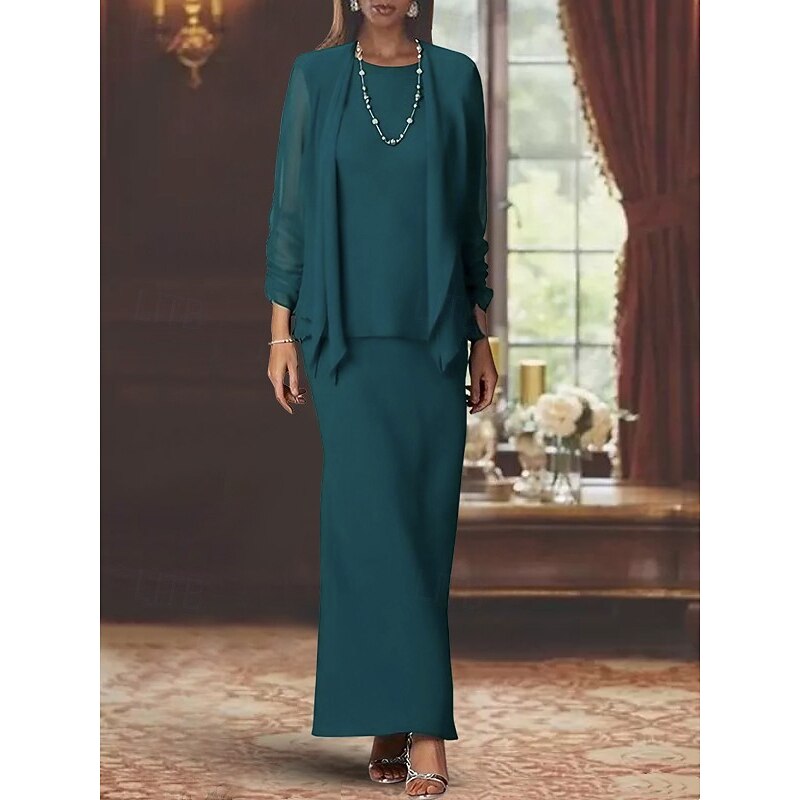 3 Piece Sheath Mother of the Bride Dress Formal Wedding Guest Elegant Scoop Neck Floor Length Chiffon Long Sleeve Wrap Included with Solid Color