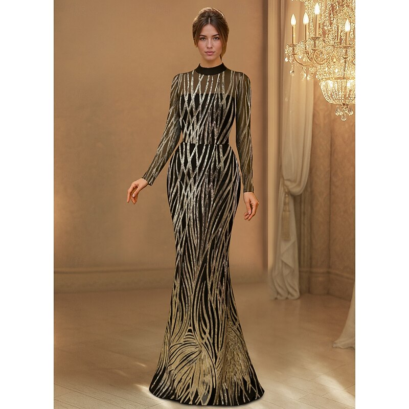 Black and Gold Sequin A-Line Evening Gown with Detachable Overskirt Elegant Dress Formal Wedding Sweep / Brush Train Long Sleeve High Neck Satin with Pleats 20252