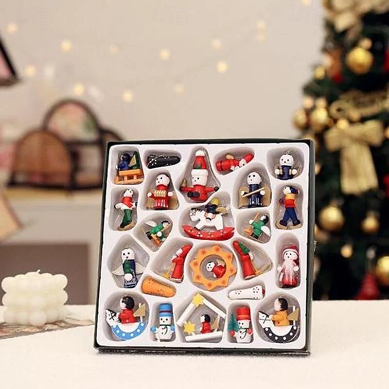 Mini Santa Claus Christmas Pendants Set 24 Days Blind Box Wooden Tree Ornaments Hand Painted Puppet Hanging Decorations Cartoon Holiday Gift Box for Festive Home Party Accessory2