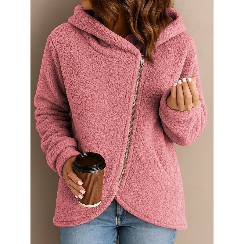 Women's Zip Up Hoodies Teddy Casual Long Sleeve Hooded Regular Tops Zipper Pink Blue Orange Gray Fall Winter4
