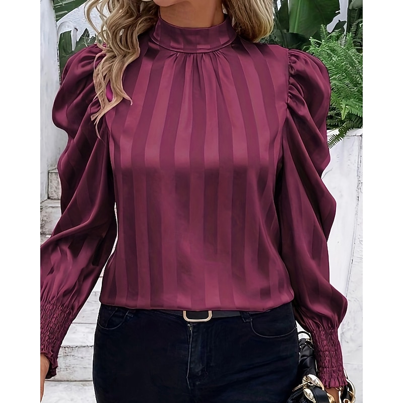 Women's Shirt Blouse Plain Elegant Stylish Long Sleeve Shirt Collar Regular Tops Holiday Going out Ruched Wine Fall Winter