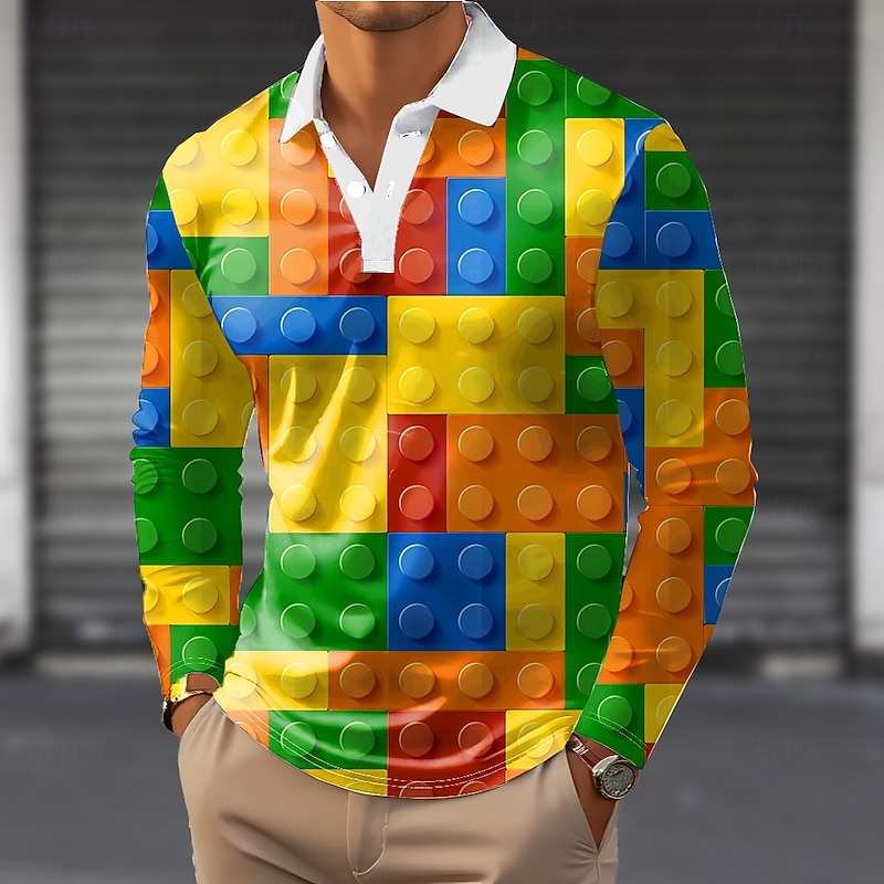 Men's Geometric Polo Long Sleeve Polo Shirts Lapel Casual Outdoor Street Athleisure Daily Wear 3D Print Buttons Spring Fall Winter Yellow Blue - Main Image
