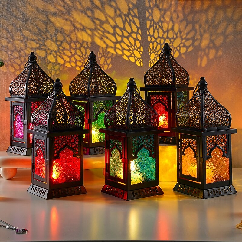 Castle Shape Hollow Pattern Colorful Glass Candle Holder, Iron Frame Windproof Hanging Lantern for Christmas Theme, Home, Party, and Holiday Decorations