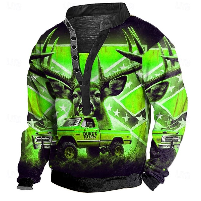 Men's Deer Sweatshirt Hunting High Neck Gift Travel Streetwear Blue Orange Button Front Fall Winter Designer3