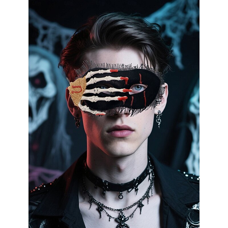 Women's Skull Hand Linen Mask with Horror Skeleton Print, Creepy Gothic Style Costume Accessory for Halloween Parties and Masquerade Balls2