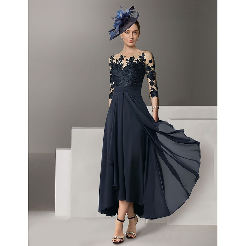 A-Line Mother of the Bride Cocktail Dresses Elegant Dress Wedding Guest Asymmetrical 3/4 Length Sleeve Jewel Neck Stretch Satin with Appliques