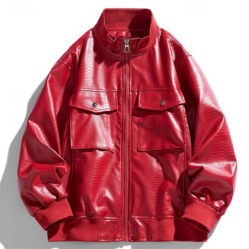 Men's Faux Leather Jacket Biker Jacket Motorcycle Jacket Vacation Daily Windproof Pocket Spring Fall Plain Fashion Classic Stand Collar Regular Black Red Jacket - Main Image
