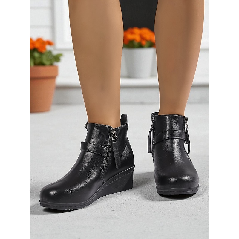 Women's Brown Faux Leather Ankle Boots with Side Zipper – Comfortable Wedge Heel Short Boots for Work and Casual Walking4