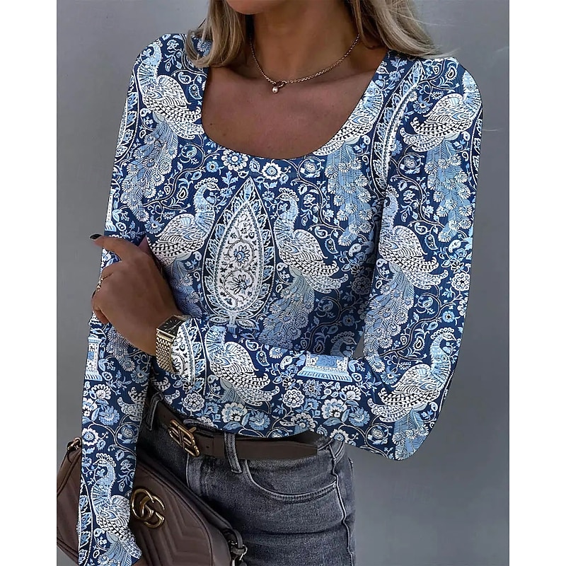 Women's Tunic Floral Graphic Bird Vintage Fashion Stylish Long Sleeve Square Neck Regular Tops Daily Print Blue Purple Orange Green Spring Fall