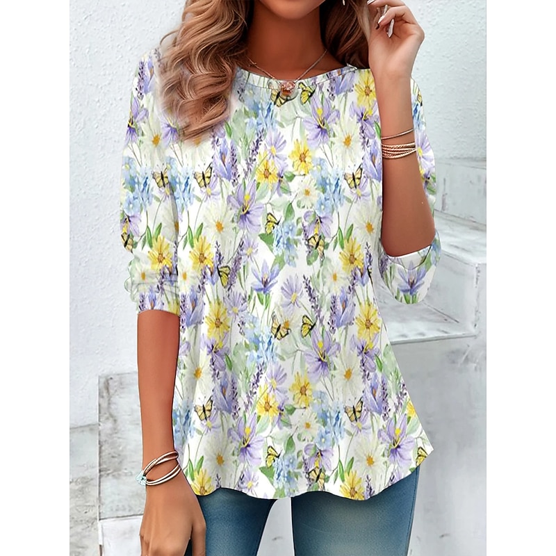 Women's T Shirt Floral Graphic Plants Vintage Stylish Classic Long Sleeve Crew Neck Round Neck Regular Tops Daily Print Purple Summer Spring Fall Winter