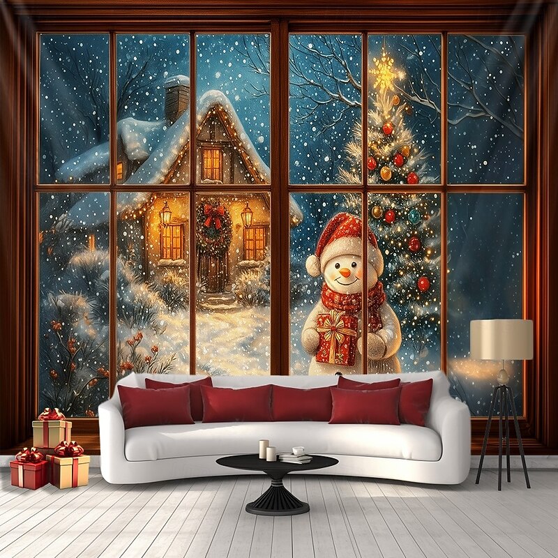 Christmas Wall Tapestry Backdrop, Cozy Window Scene with Snowman, 2025 Xmas Winter Tree and Lights, Festive Holiday Wall Hanging for Bedroom Living Room2