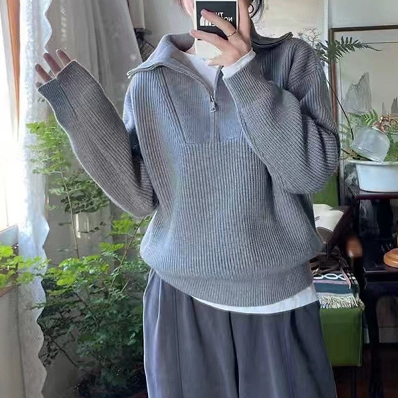 Women's Sweater Fashion Streetwear Casual Solid Color Ribbed Half Zip Knitted Long Sleeve Regular Tops Knit Outdoor Daily Weekend Gray Fall Winter3