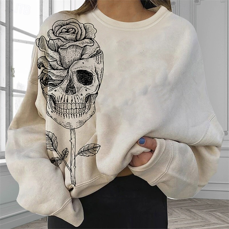 Women's Pullover Sweatshirt Graphic Skull Halloween Active Fashion Streetwear Long Sleeve Crew Neck Round Neck Regular Tops Street Dailywear Casual Print Black Beige Gray Fall Winter2