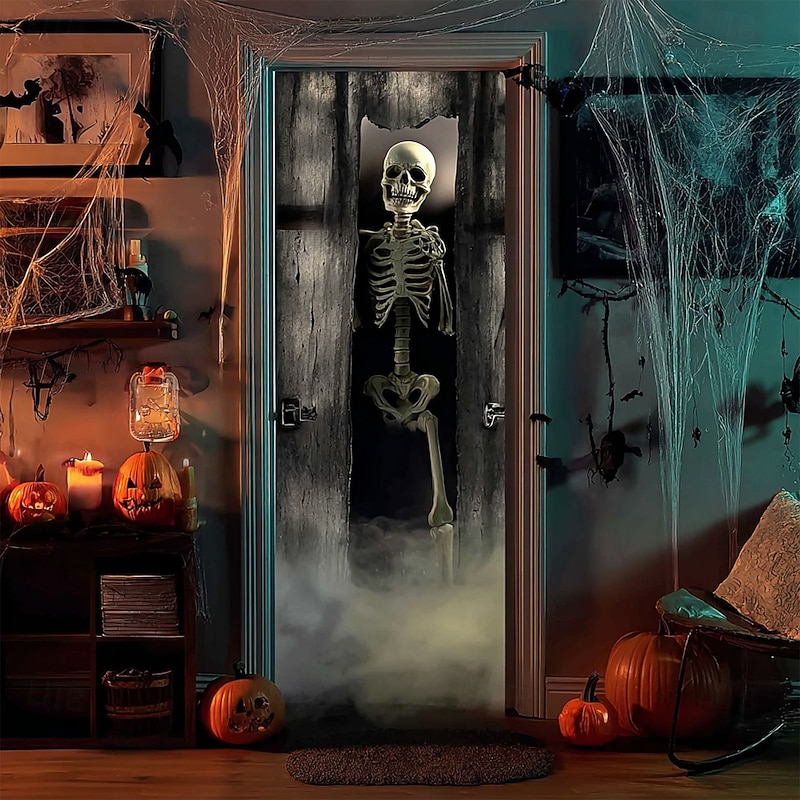 Halloween Door Cover Outdoor Banners Skeleton Psychedelic Dark Punk Gothic Style Party Outdoor Shooting Backgrounds Front Door Wall Porch Home Decor3