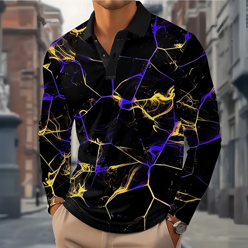 Men's Geometric Abstract Polo Long Sleeve Polo Shirts Lapel Casual Outdoor Street Athleisure Daily Wear 3D Print Buttons Spring Fall Winter Yellow Red Green - Main Image