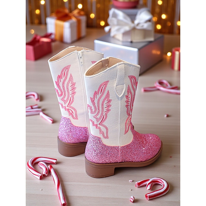 Korean Idol Inspired Pop Star Costume Shoes Girls' Pink Glitter Cowboy Boots with Embroidered Wings Western Style Performance Footwear for Dance and Party Outfits3