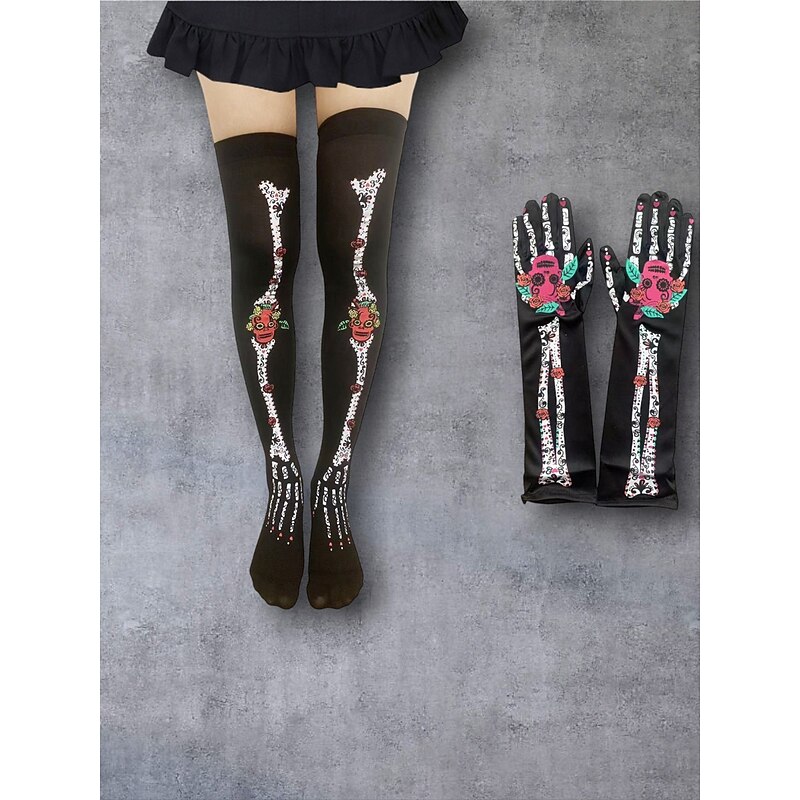 Women's Halloween Skeleton Leggings and Gloves Set - Dia de los Muertos Sugar Skull Design for Halloween Costume Party