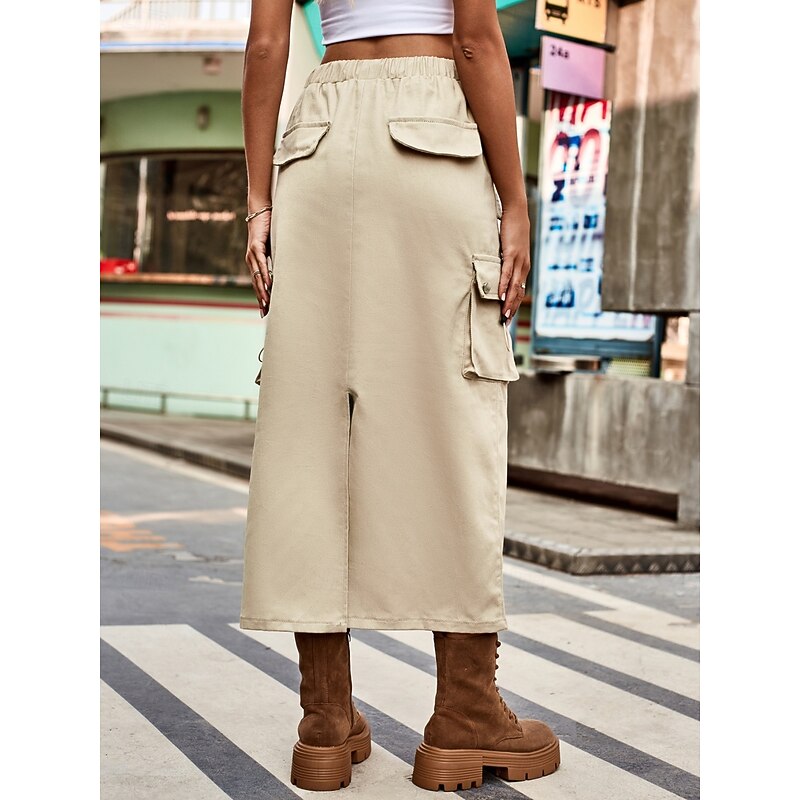 Women's Skirt A Line Fashion Casual Midi High Waist Skirts Plain Drawstring Pocket Micro-elastic Street Daily Black Army Green Khaki Light Grey Spring Cotton Blend Denim2