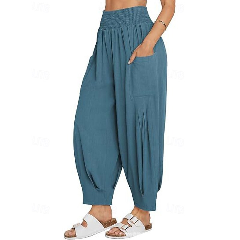 Women's Chinos Harem Pants Streetwear Casual Full Length Medium Waist Plain Pocket Elastic Waist Comfortable Stretchy Outdoor Vacation Street Magenta Camel Peacock Blue Black Spring Fall Loose Fit4