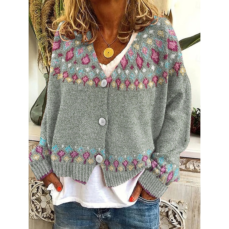 Women's Sweater Cardigan Casual Soft Geometric Color Block Ribbed V Neck Knitted Long Sleeve Regular Tops Knit Christmas Outdoor Daily Pink Dark Green Fall Winter2