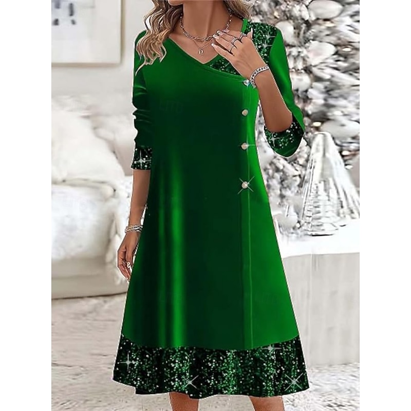Christmas Women's Midi Dress A Line Dress Casual Daily Holiday Regular Fit Plain Long Sleeve V Neck Wine Royal Blue Green Fall Winter3