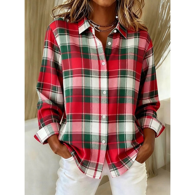 Women's Shirt Blouse Plaid Casual Long Sleeve Shirt Collar Regular Tops Daily Patchwork Buttons Print Light Green Pink Red Blue Orange Spring Fall Winter3
