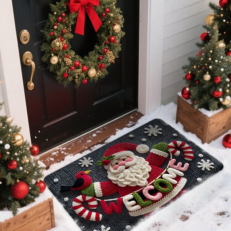 Christmas Doormat Santa Claus Knitted Rug For Entryway Floor Stain Resistant Dustproof Non Slip Durable Easy Care Indoor Welcome Carpet Holiday Decorative Home Accent Rug3