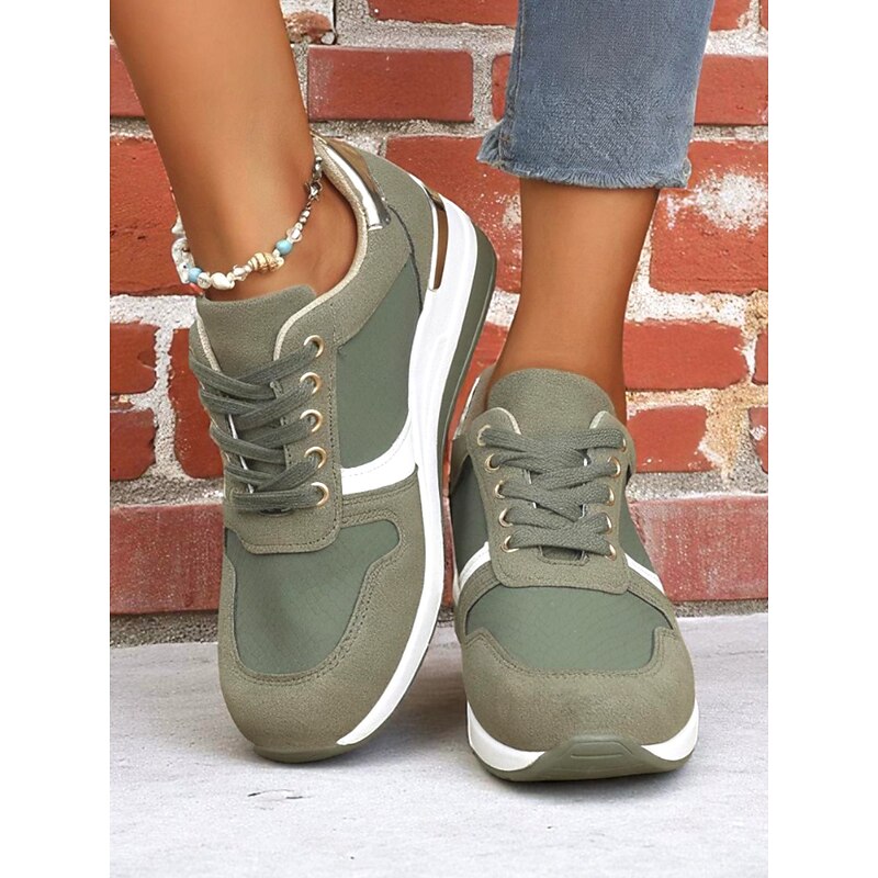 Women's Army Green Lace-Up Wedge Sneakers with Gold Accents – Casual Walking Shoes for Sporty Street Style2