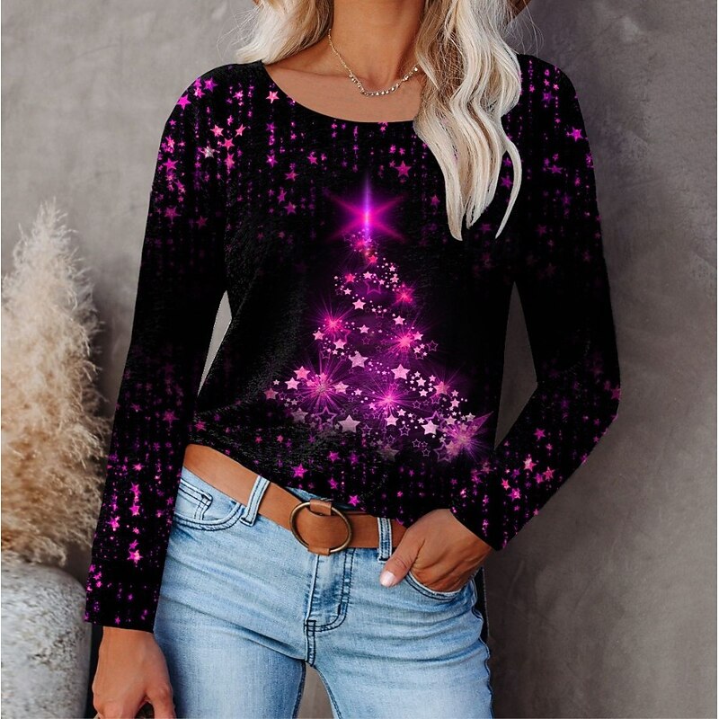 Christmas Women's T Shirt Graphic Christmas Tree Color Gradient Vintage Fashion Stylish Long Sleeve Crew Neck Round Neck Regular Tops Daily Going out Weekend Print Red Blue Fuchsia Green Spring Fall3