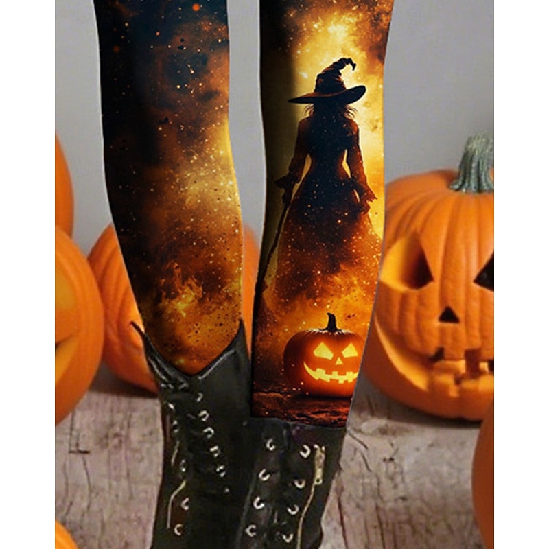 Women's Leggings Cozy Leggings Basic Casual Full Length High WaistPantsHalloween Graphic Pumpkin Printing Thermal Warm Comfortable Stretchy Vacation Casual Daily Orange Fall Winter Slim Fit3