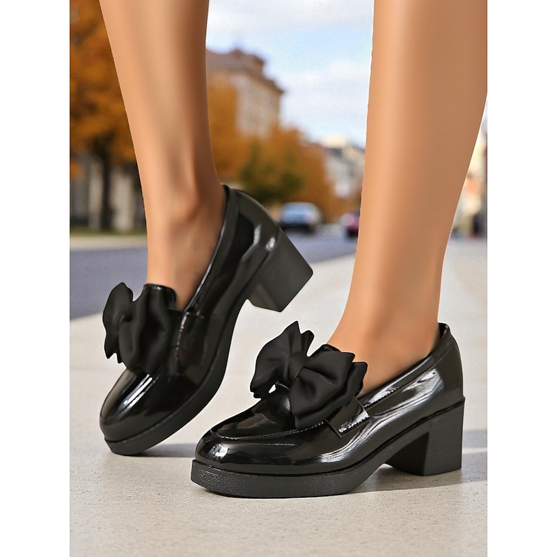 Women's Patent Faux Leather Chunky Heel Loafers with Oversized Bow – Retro Style Dress Shoes for Outdoor Casual Activities and Daily Streetwear