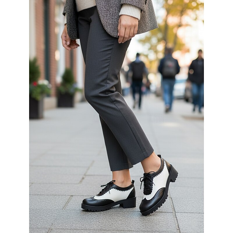 Women's 1950s Vintage Black and White Oxford Brogue Shoes with Lace-Up Design and Low Block Heel - Retro Oktoberfest Footwear for Casual Wear, Work and Cosplay Outfits4