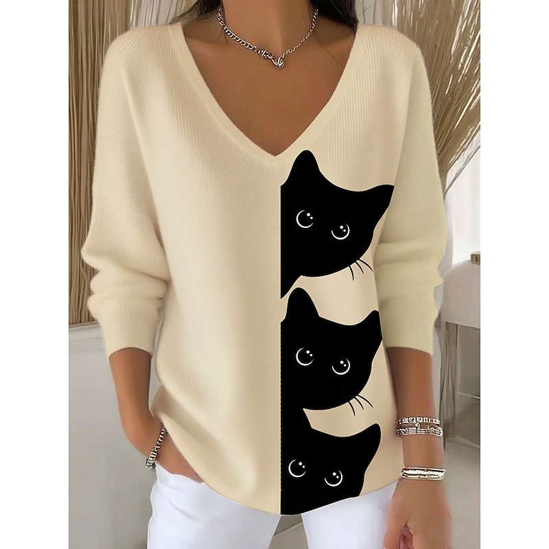 Women's Sweater Pullover Fashion Streetwear Casual Graphic Animal V Neck Oversized Knitted Long Sleeve Regular Tops Knit Outdoor Daily Pink Blue Spring Fall3