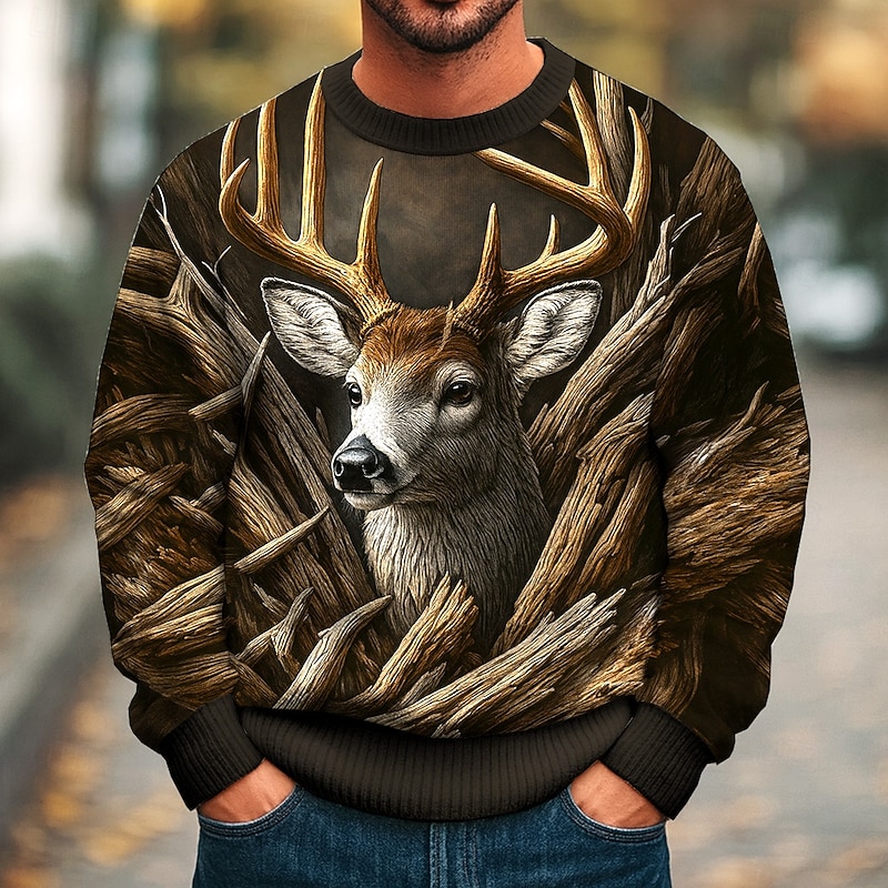 Men's Animal Elk Pullover Sweater Jumper Knitwear Crewneck Casual Vacation Street Daily 3D Print Knitting Keep Warm Long Sleeve Fall Winter Black