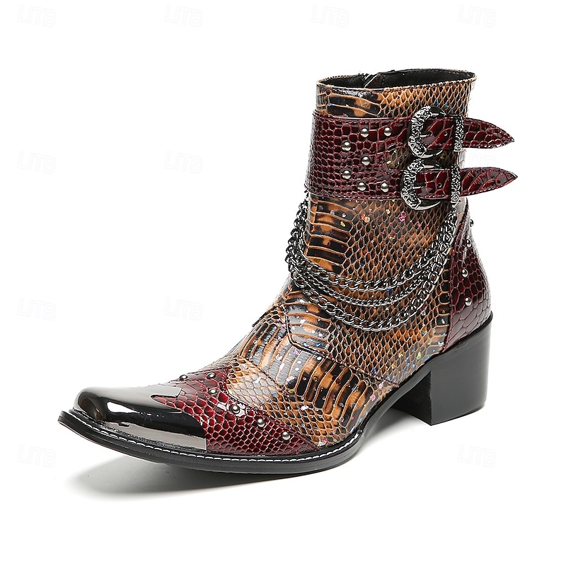 Men's Genuine Leather Snake Print Ankle Boots with Buckle Strap – Vintage Western Style Cowboy Boots for Stage, Parties and Fashion Shows2