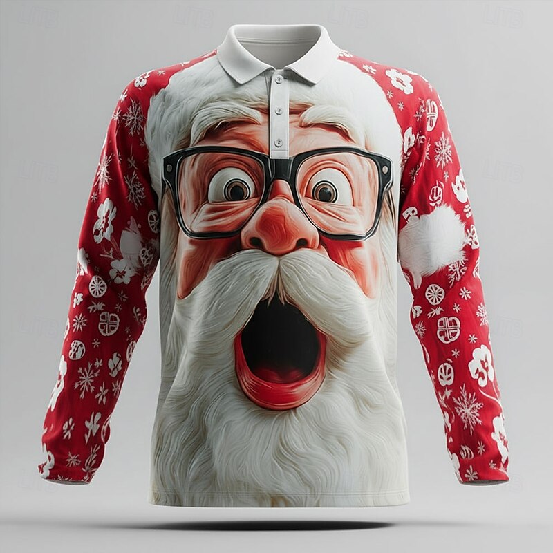 Christmas Men's Santa Claus Polo Long Sleeve Polo Shirts Lapel Casual Outdoor Athleisure Daily Wear 3D Print Buttons Spring Fall Winter Red 1 Red 4 Red 32