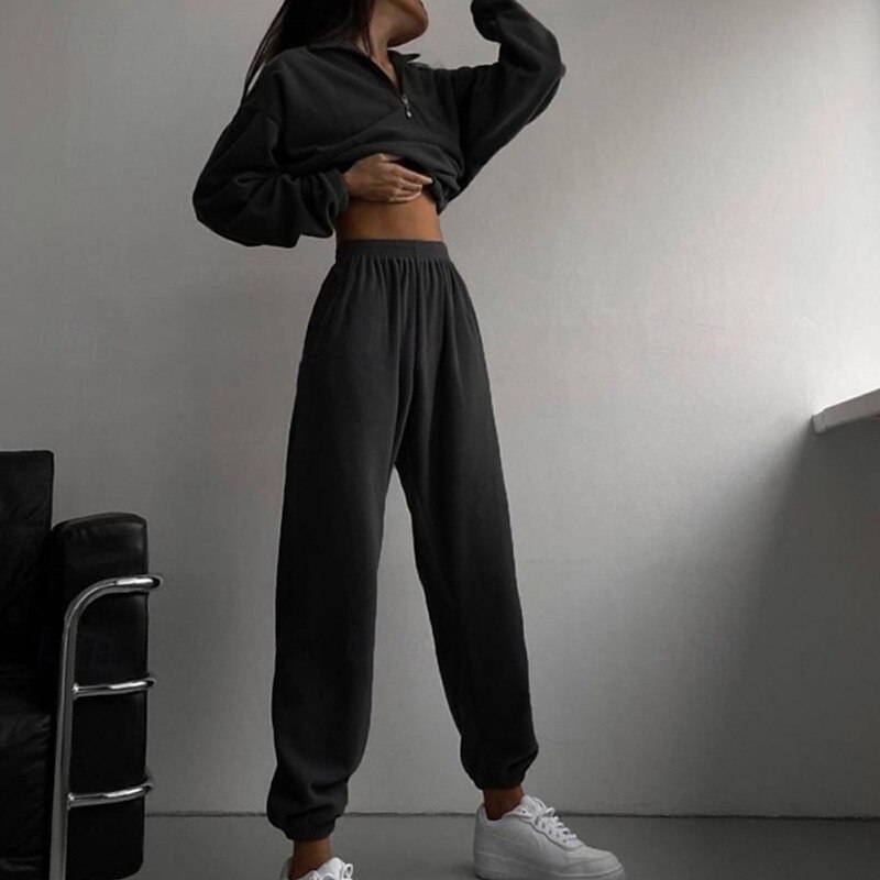 Women's Fashion Streetwear Pants Sets Bolero Top Sweatshirt Long Sleeve Stand Collar Solid Color Zipper Outdoor Work Casual Black Spring Regular Fit3