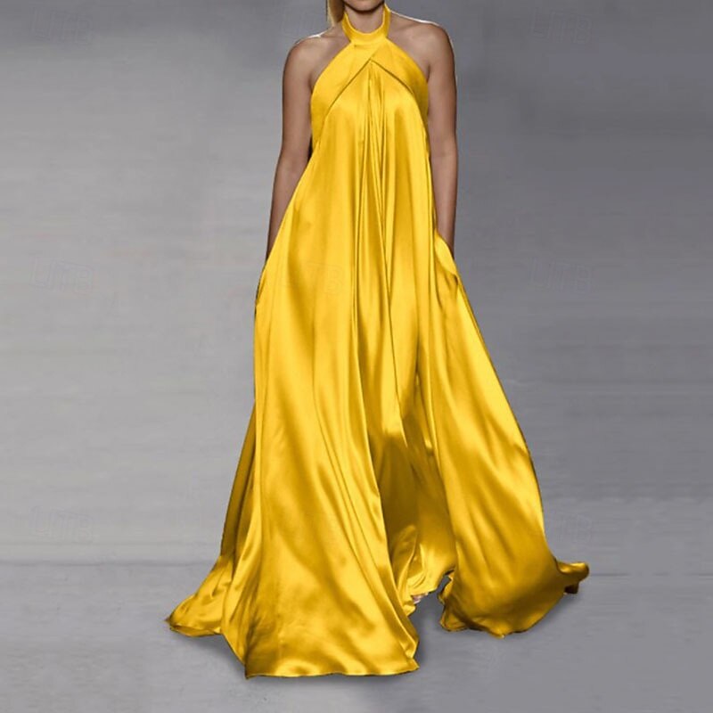 Women's Long Dress Maxi Dress Party Dress Satin Dress Slip Dress Halter Neck Dress Elegant Modern Party Special Occasion Evening Party Regular Fit Plain Sleeveless Halter Neck Black Yellow Apricot2