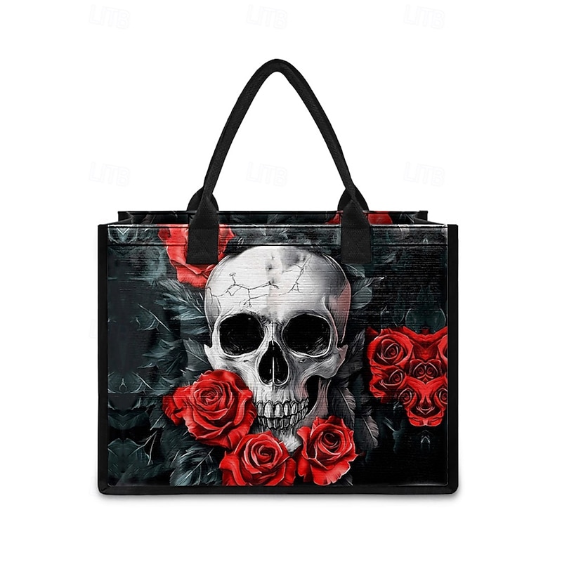 Women's Halloween Skull Tote Bag – Durable Fabric Handbag with Zipper Pocket, Gothic Style Shoulder Bag for Casual, Party and Holiday Use