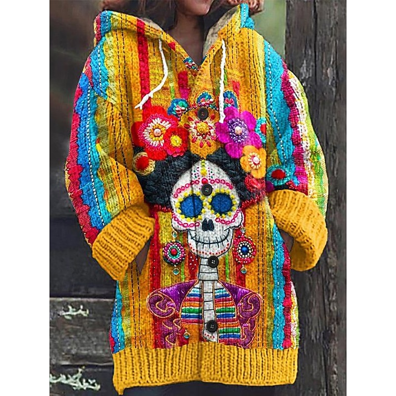 Halloween Women's Cardigan Daily Casual Floral Graphic Ribbed Hooded Pocket Buttons Print Long Sleeve Regular Tops Knit Outdoor Weekend Yellow Fall Winter