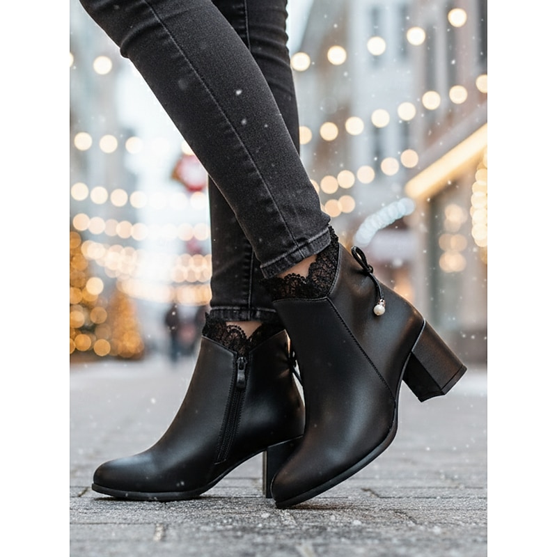 Women's Black Faux Leather Ankle Boots with Pearl Charm and Block Heel – Elegant Winter Short Booties for Ladies, Perfect for Office, Streetwear & Daily Outfits