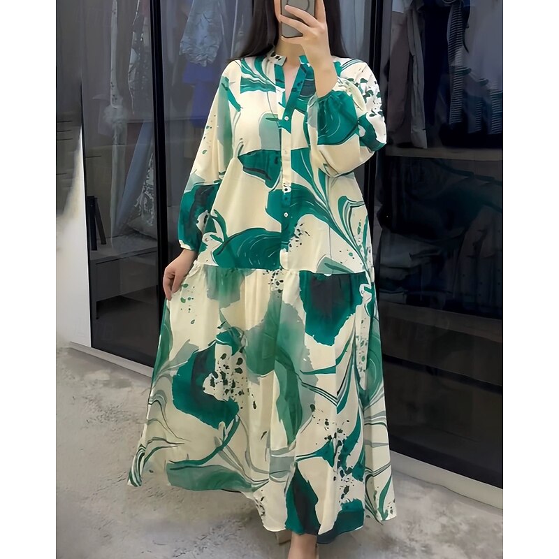 Women's Long Dress Maxi Dress Floral Dress Print Dress Modern Outdoor Vacation Going out Regular Fit Floral Long Sleeve V Neck Yellow Blue Brown Green Spring Fall4